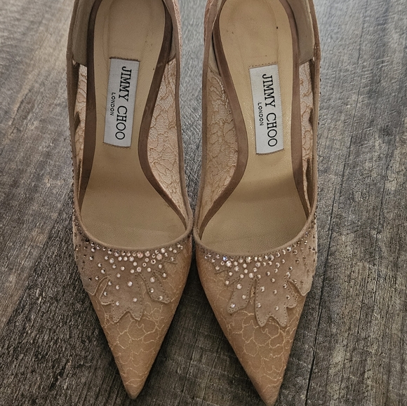 JIMMY CHOO Love 100 crystal-embellished suede and corded lace pumps - Picture 5 of 6